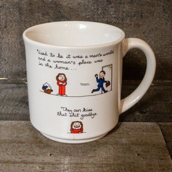 VINTAGE 80S COFFE MUG FEMINIST HUMOR USED TO BE A MANS WORLD JAPAN DINER CUP - Picture 5 of 5